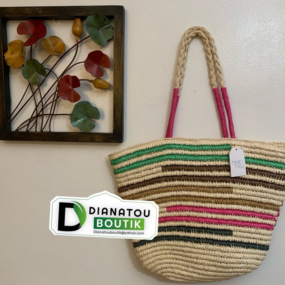 Time & Tru Women Woven Beach Tote Bag - Picture 2 of 8